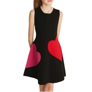 Girl’s Pink Thread Sweater Dress. Like New. Black, Red & Pink Hearts. Sz. 14/16.